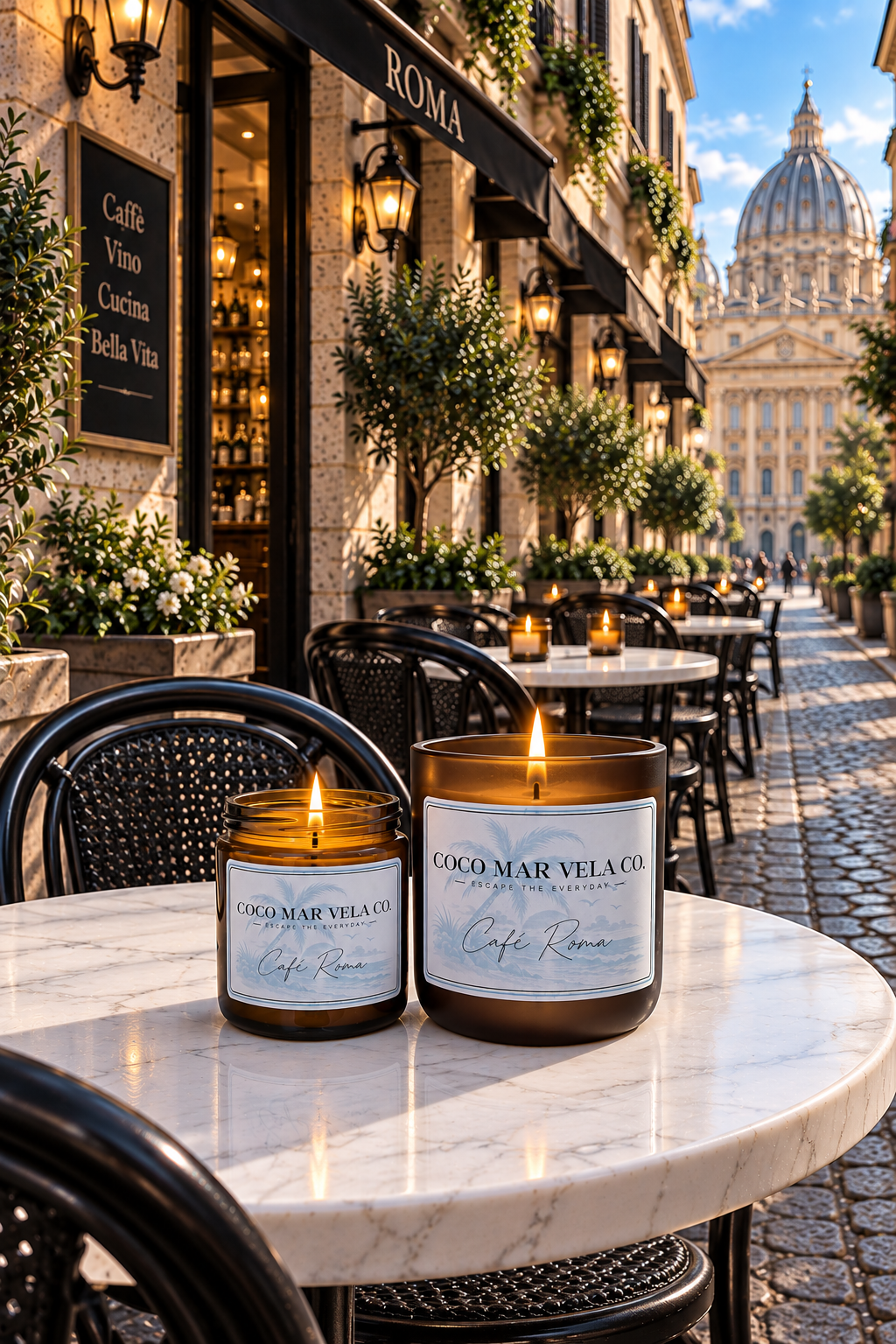 Café Roma candles at an outdoor café in Rome