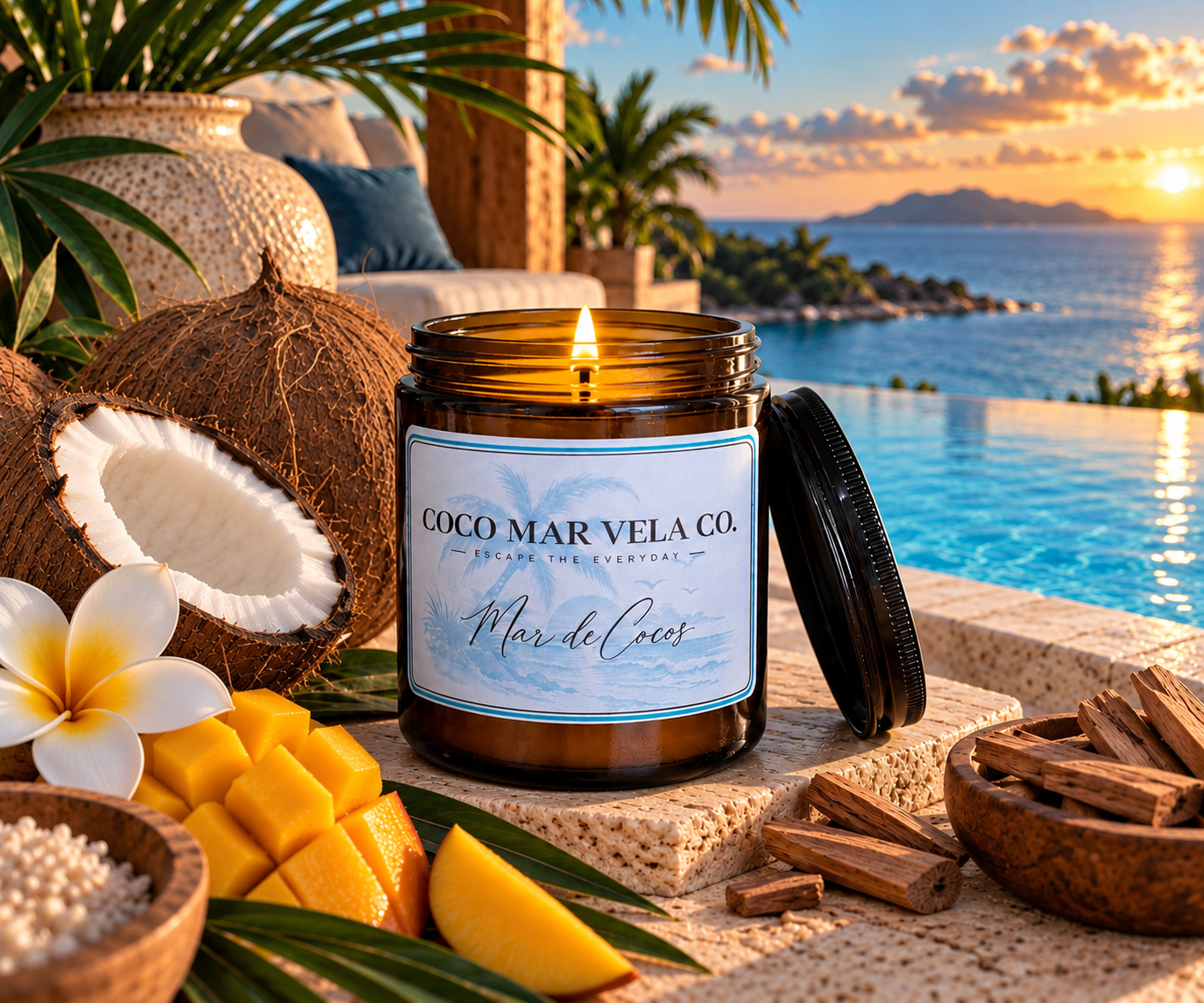 Mar de Cocos signature candle beside a tropical coast
