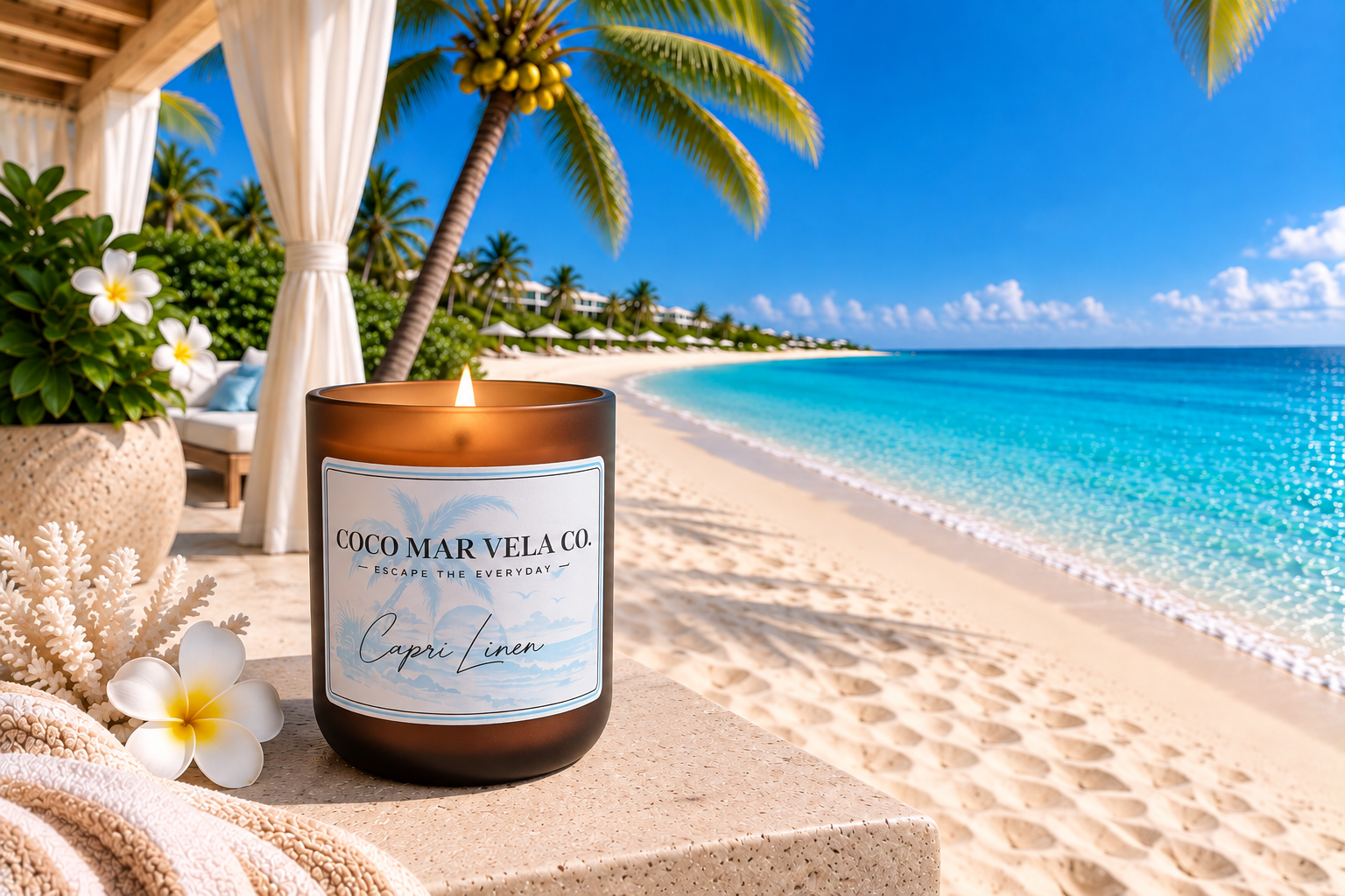 Coco Mar Vela candle overlooking a turquoise Caribbean shore
